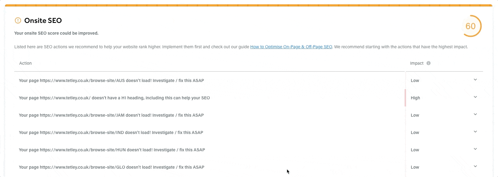 A Gif showing  onsite SEO recommendations in the Adzooma SEO Performance Report 