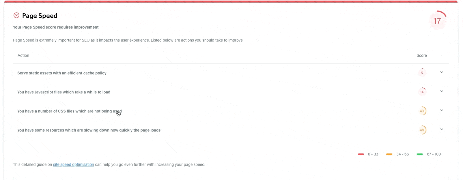 Gif showing page speed recommendations on Adzoomas SEO Performance Report 